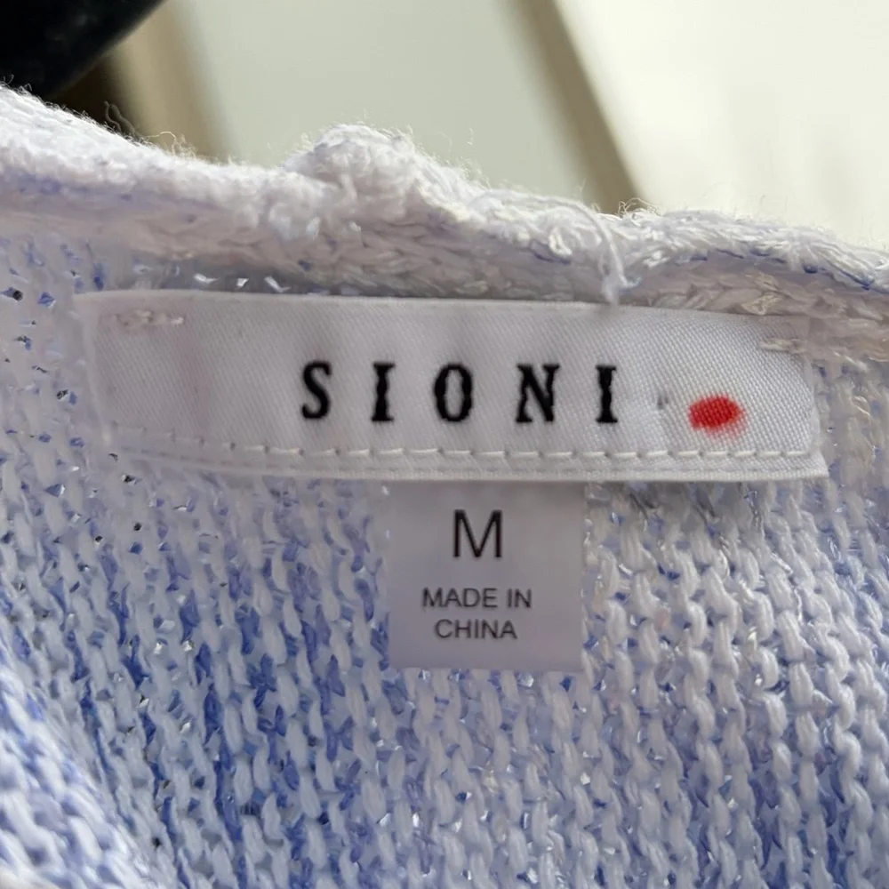 🆕 Sioni BlueWhite Open Knit Hoodie Sweater Size M Lightweight Sheer Pullover Top - Picture 12 of 13